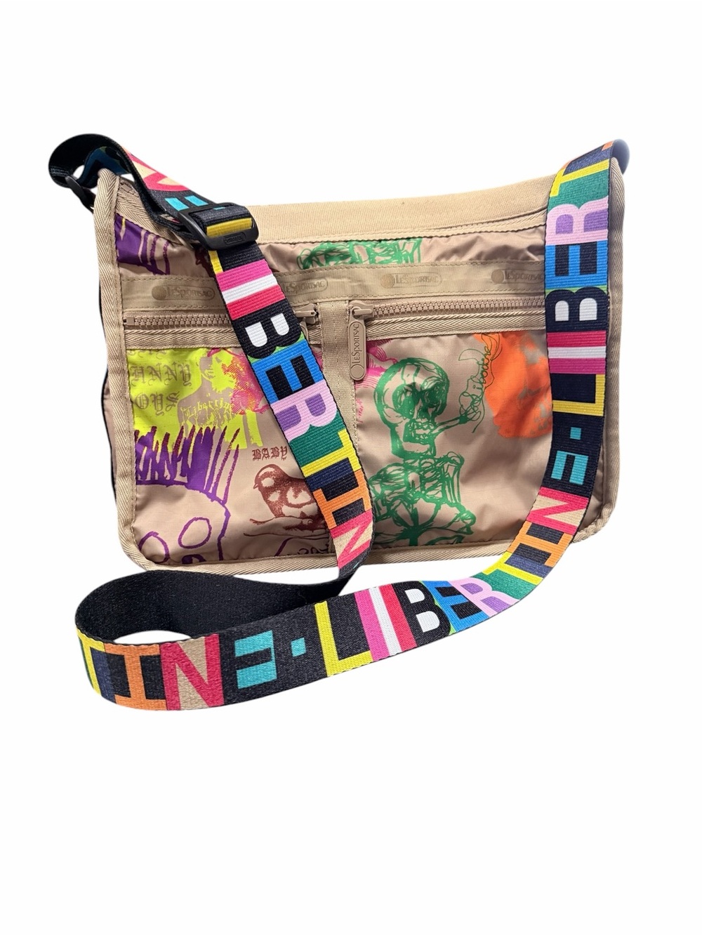 LeSportsac X Libertine Deluxe Everyday Bag Graffiti Print Tan Rainbow